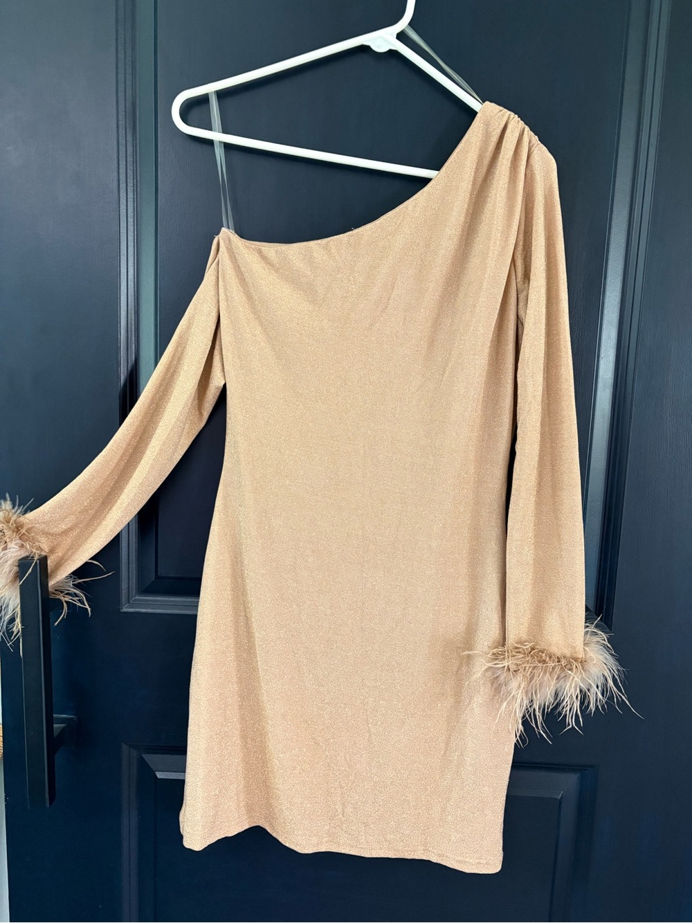 Entro Champagne Metallic One Shoulder Feather Cuff Mini Dress Size M